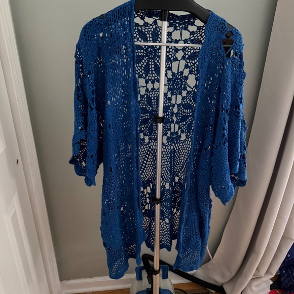 Sweaters - Blue Crochet Open Knit Cardigan Duster Boho Festival Beach Cover Up